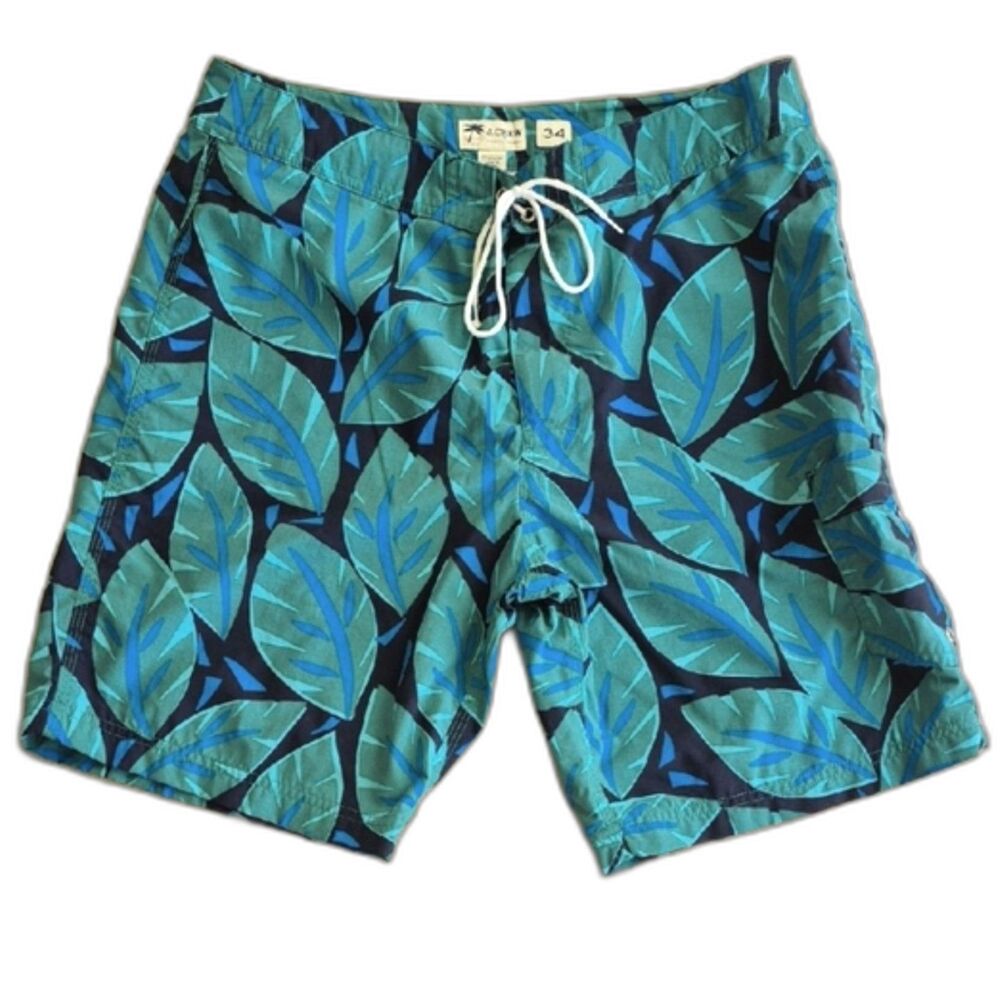 J Crew Swim Shorts Trunks Mens 34 Blue Green Tropical Palm Leaf Print Lined